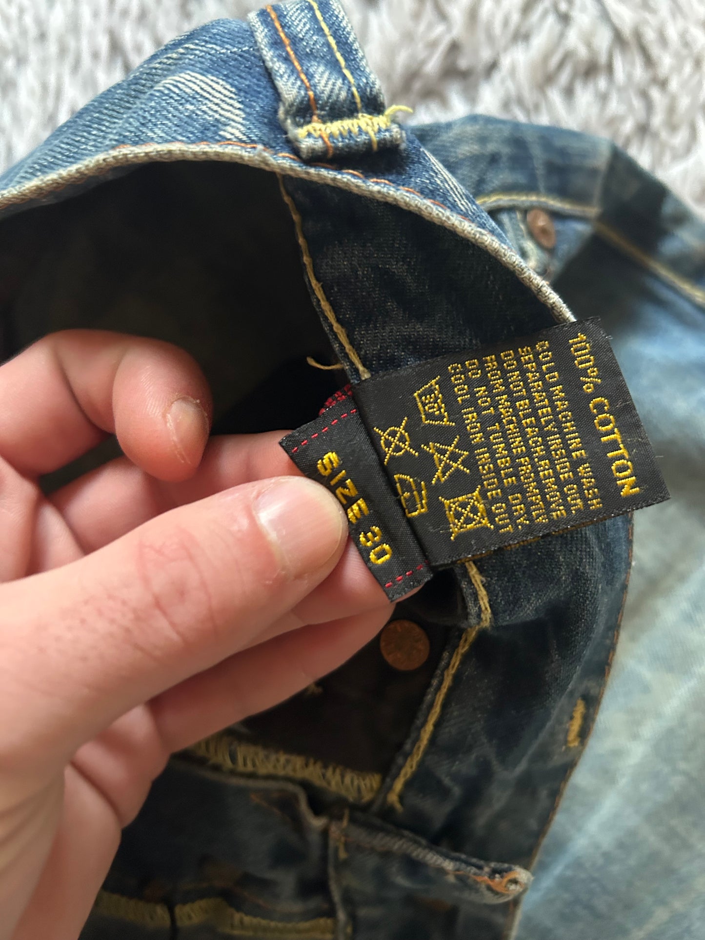 Evisu Jeans uomo W30 (IT 44) baggy fit dritto Y2K vintage blu chiaro logo gabbiano dipinto