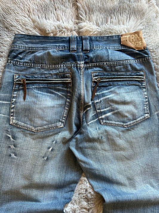 Jeans TRN uomo taglia 50 – Baggy fit vintage chiaro con tasche zip e lavaggio slavato