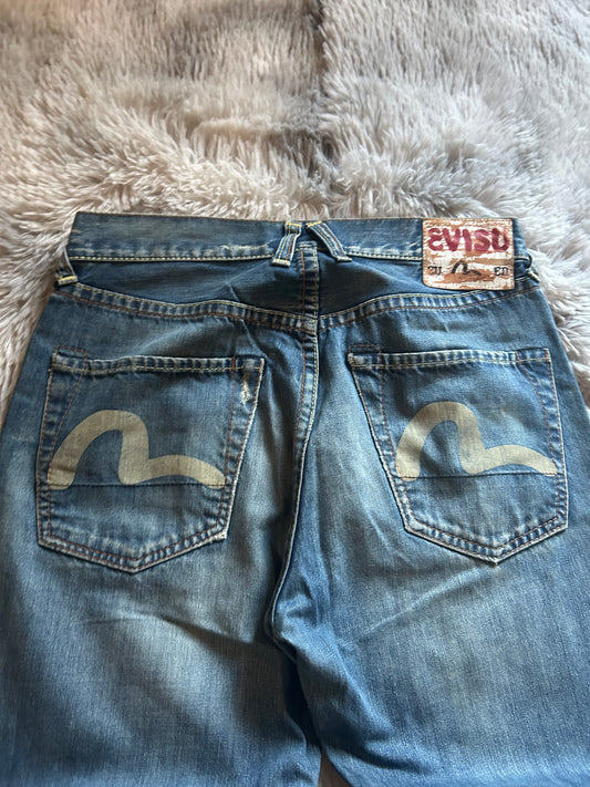 Evisu Jeans uomo W30 (IT 44) baggy fit dritto Y2K vintage blu chiaro logo gabbiano dipinto