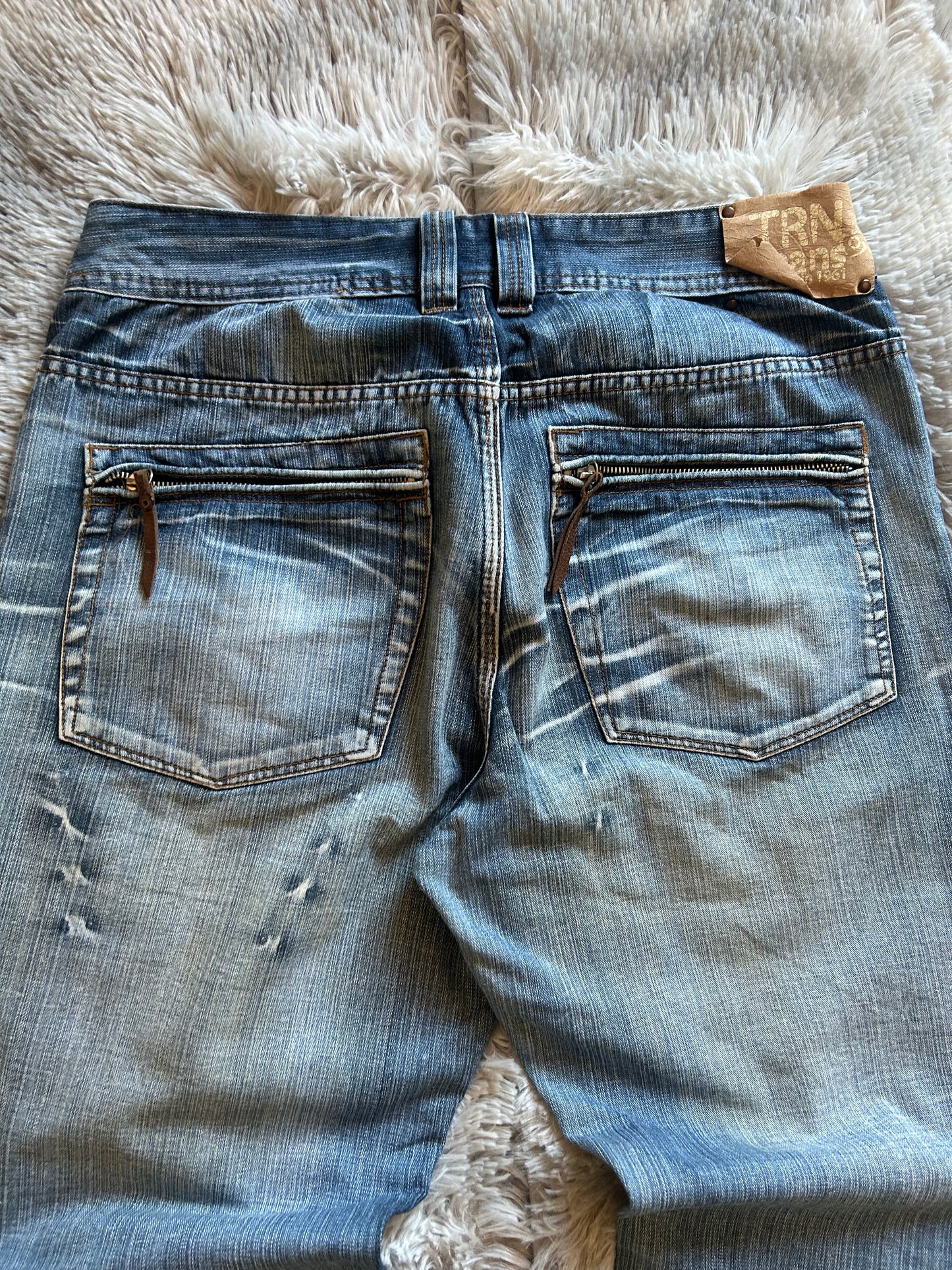 Jeans TRN uomo taglia 50 – Baggy fit vintage chiaro con tasche zip e lavaggio slavato