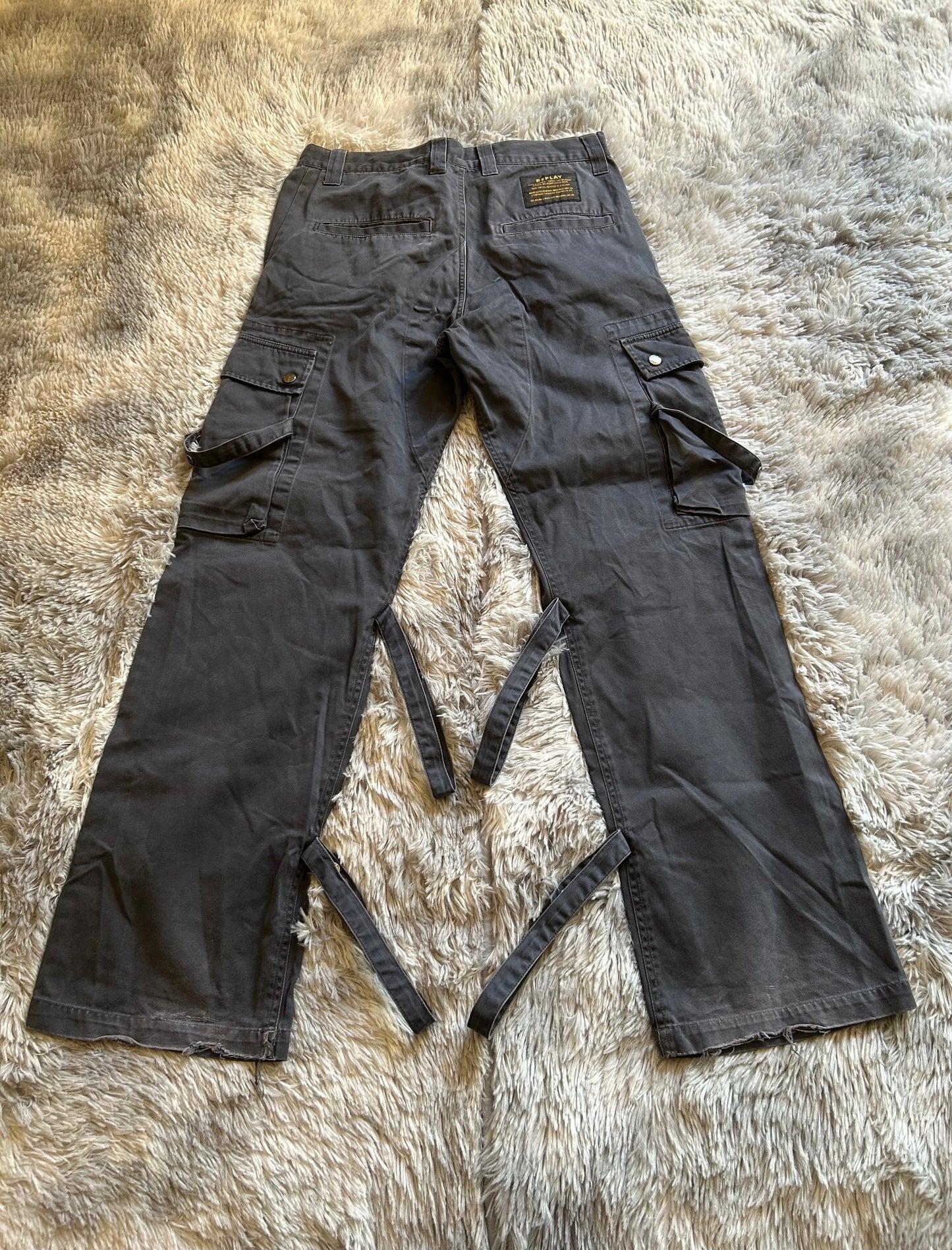 Replay Cargo Pants Uomo IT 48 (W34) Grigio Y2K Utility Wide Leg Tasche Lacci