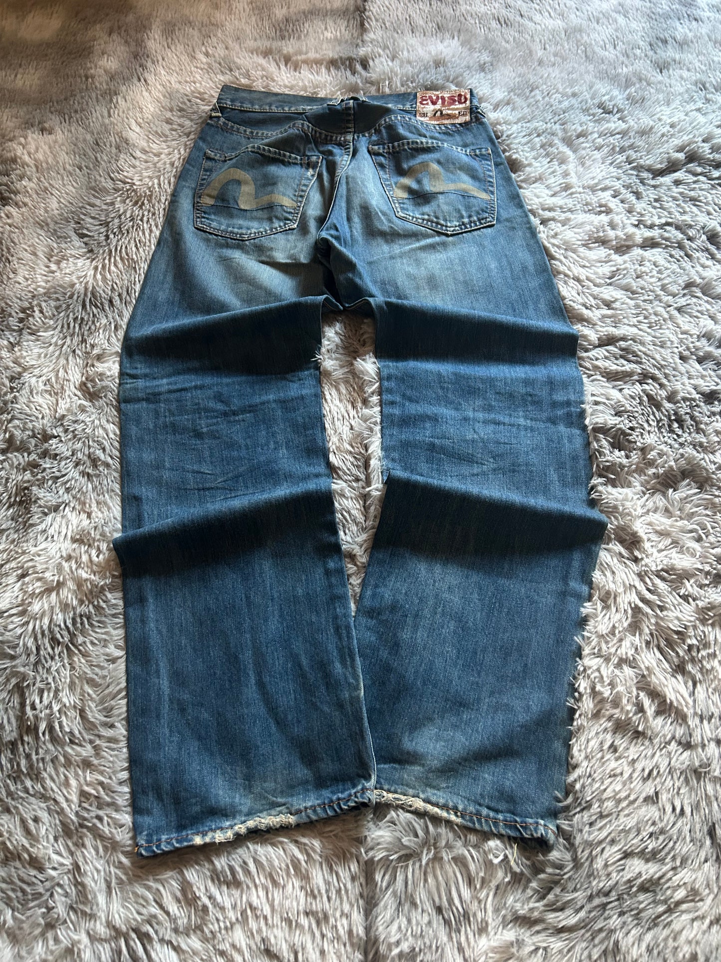 Evisu Jeans uomo W30 (IT 44) baggy fit dritto  Y2K vintage blu chiaro logo gabbiano dipinto