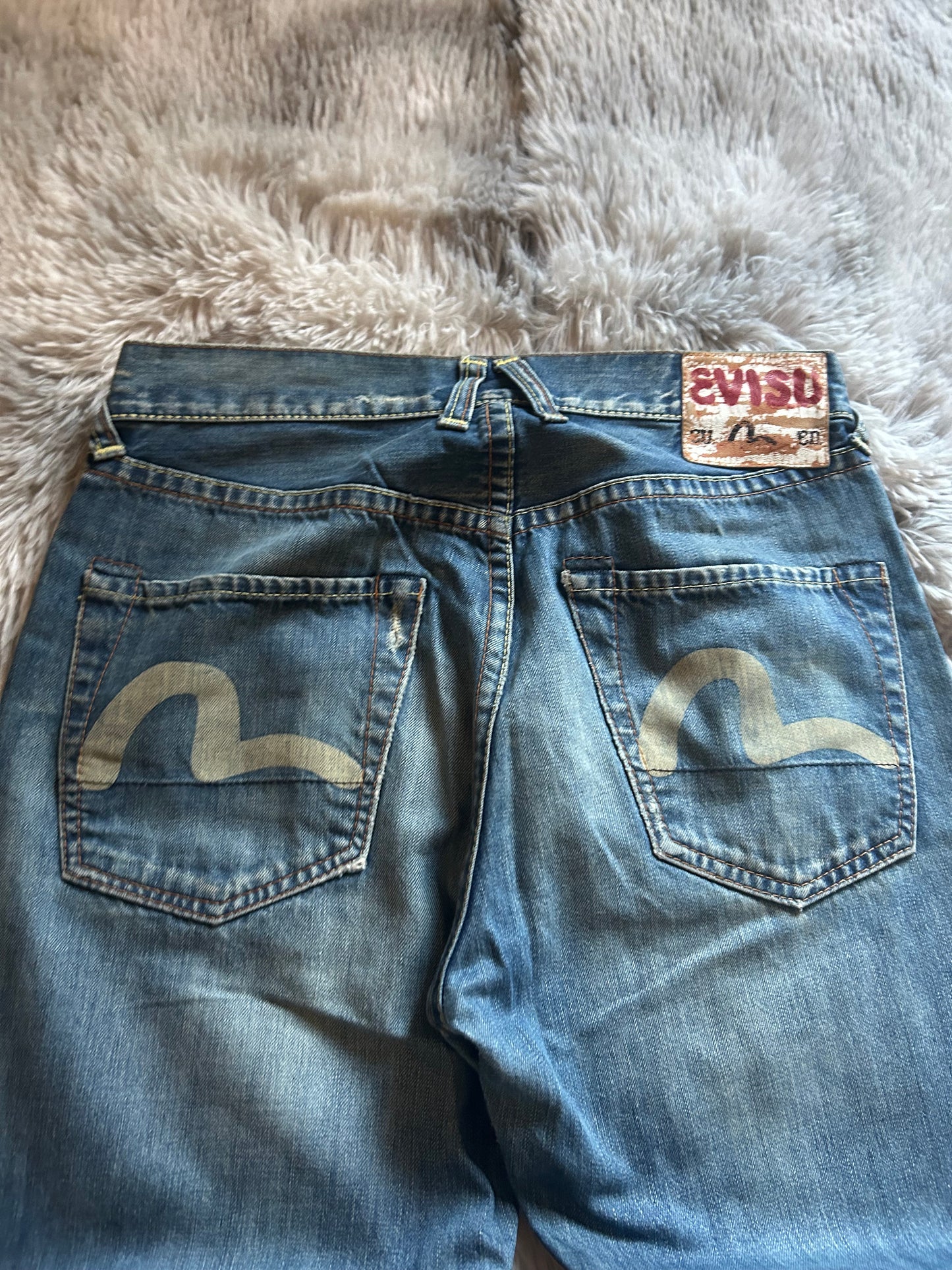 Evisu Jeans uomo W30 (IT 44) baggy fit dritto  Y2K vintage blu chiaro logo gabbiano dipinto