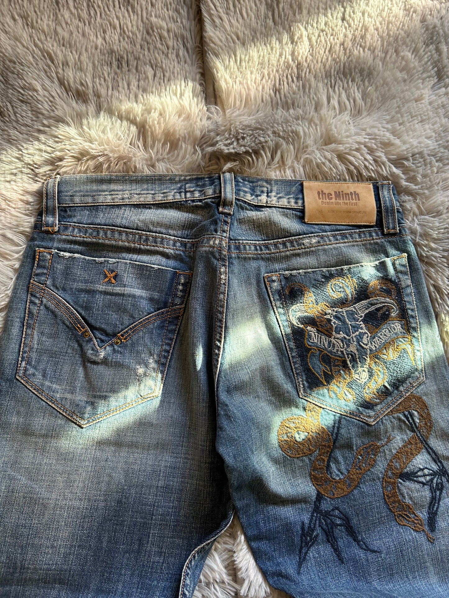 Jeans uomo THE Ninth taglia 48(W34) blu vintage ricamato teschio serpente baggy Y2K