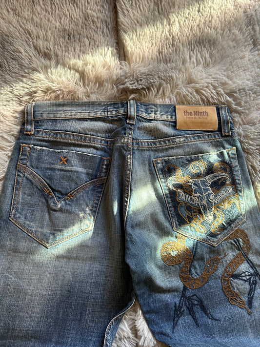 Jeans uomo THE Ninth taglia 48(W34) blu vintage ricamato teschio serpente baggy Y2K