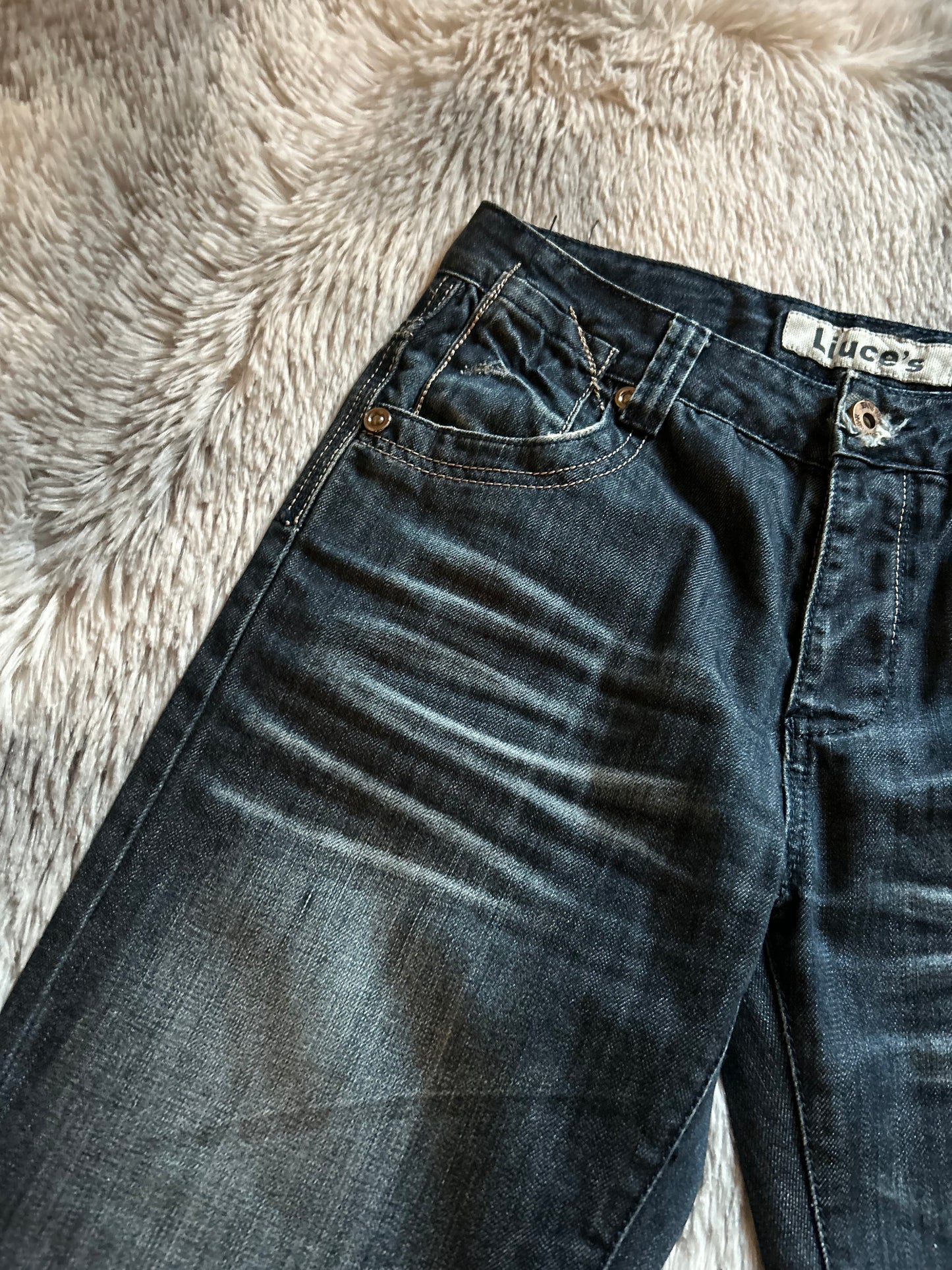 Liuce’sJeans uomo W31 (IT 46) baggy fit dritto Y2K vintage blu scuro ricamato