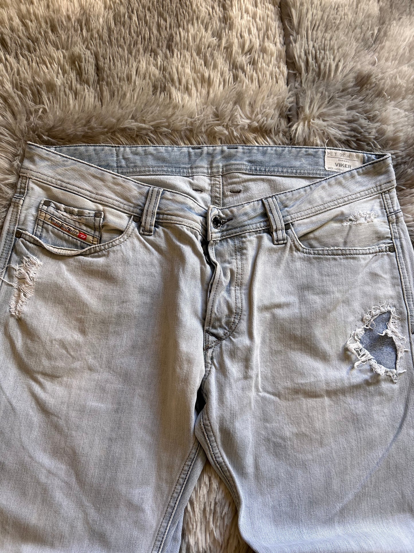 Diesel jeans Viker Uomo Taglia IT 50(W36) Fit Wide Straight Gamba Larga Azzurro Chiaro Destroyed