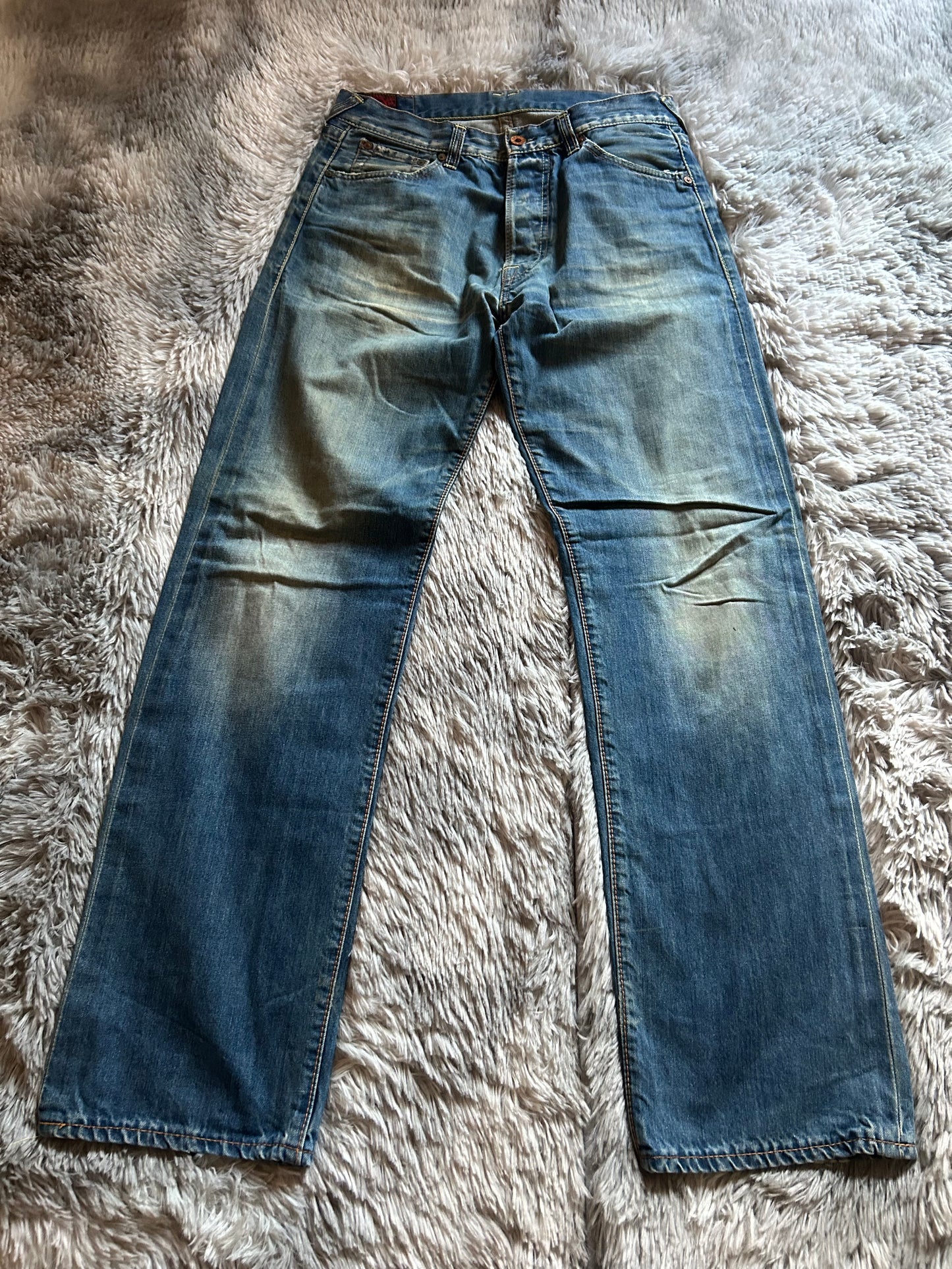 Evisu Jeans uomo W30 (IT 44) baggy fit dritto  Y2K vintage blu chiaro logo gabbiano dipinto