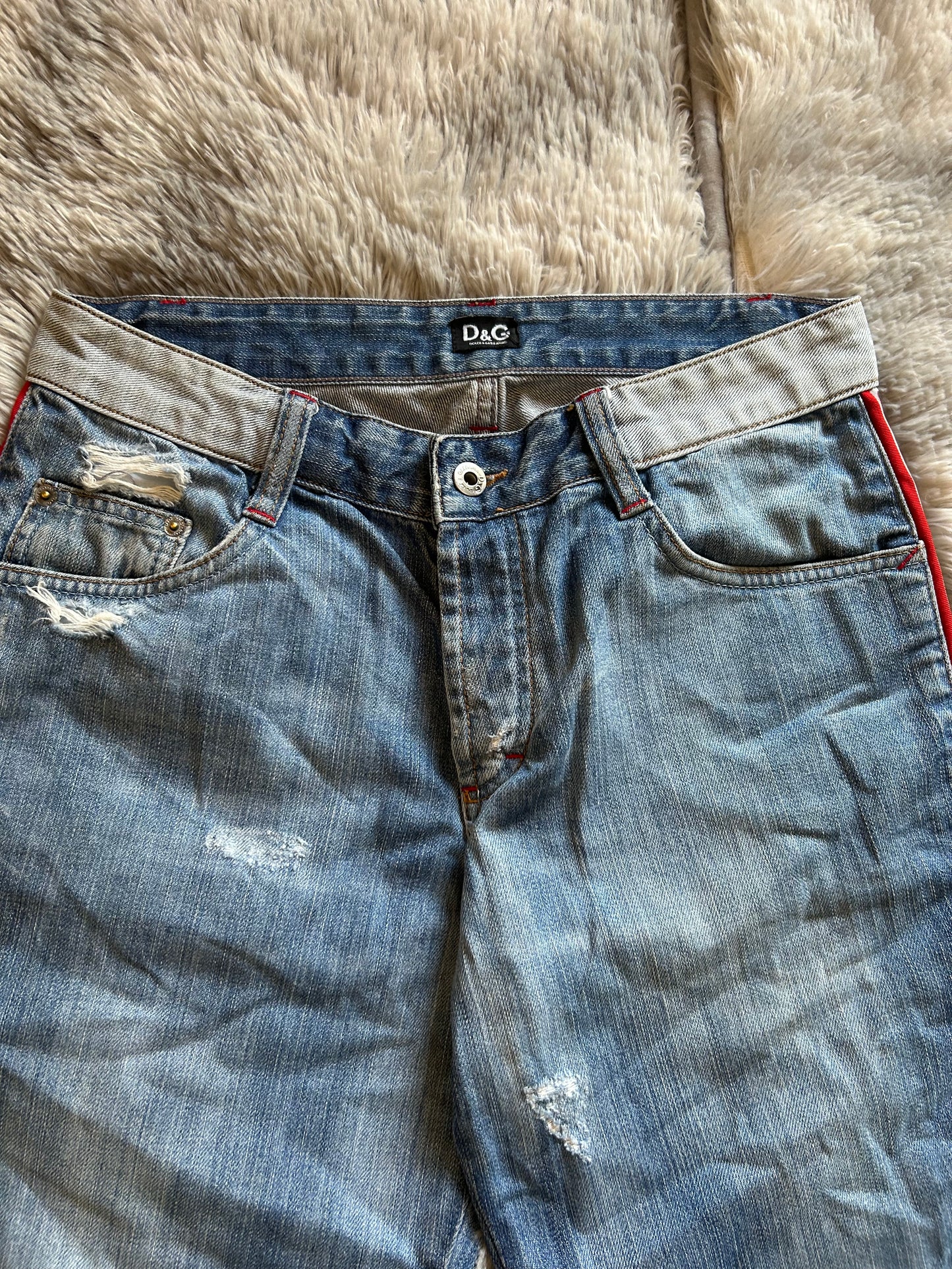 D&G Dolce & Gabbana Sport Jeans Uomo W33 (IT 47) Straight Fit Y2K con Banda Laterale Logo Rosso
