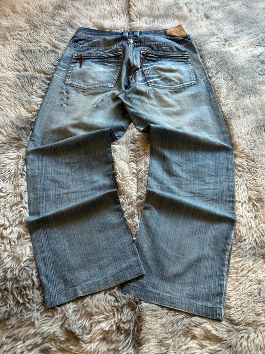 Jeans TRN uomo taglia 50 – Baggy fit vintage chiaro con tasche zip e lavaggio slavato