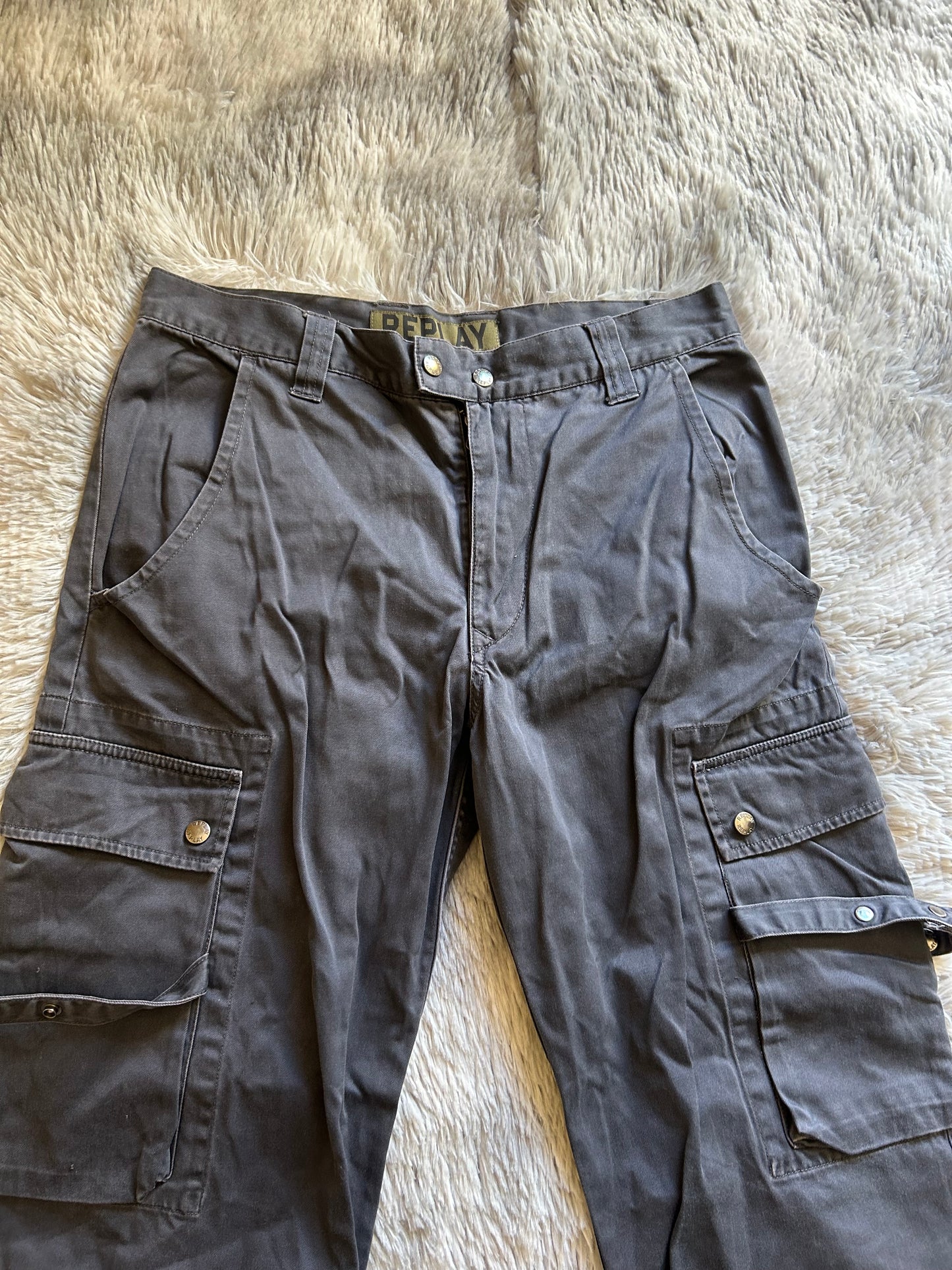 Replay Cargo Pants Uomo IT 48 (W34) Grigio Y2K Utility Wide Leg Tasche Lacci