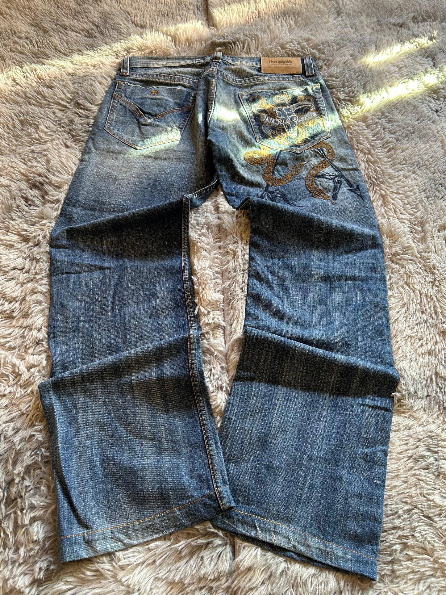 Jeans uomo THE Ninth taglia 48(W34) blu vintage ricamato teschio serpente baggy Y2K