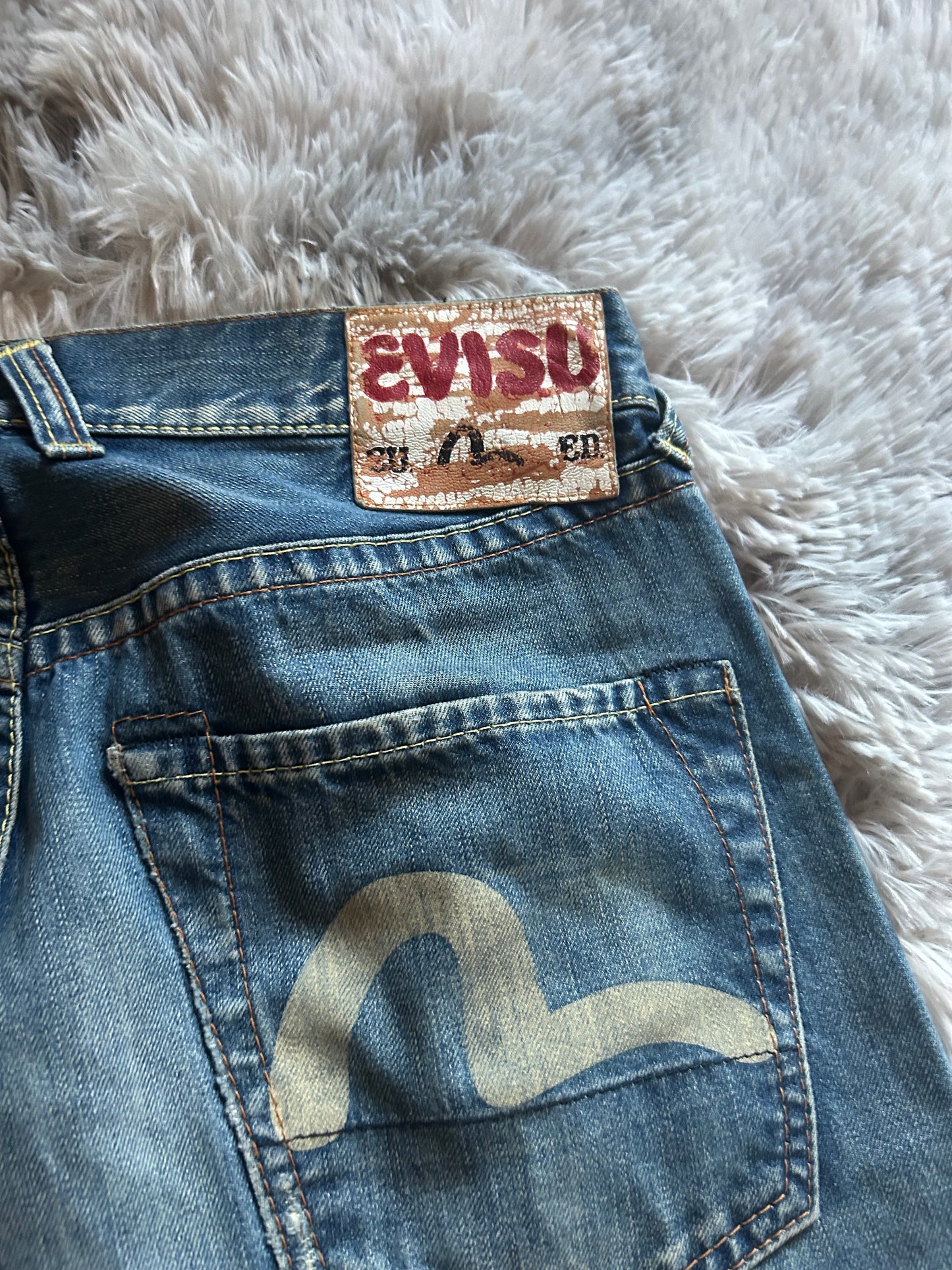 Evisu Jeans uomo W30 (IT 44) baggy fit dritto  Y2K vintage blu chiaro logo gabbiano dipinto