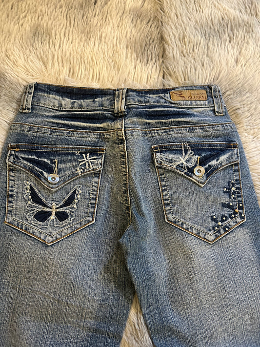 Sciapai Jeans Donna Y2K Vita Bassa Ricamato Bootcut Blu Medio (IT 36)